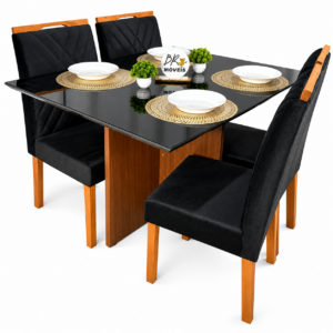 Mesa de Jantar Helo 120cmx80cm com 4 Cadeiras Cristal Grafite Preto Carvalho Decor - Preto
