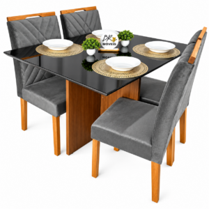 Mesa de Jantar Helo 120cmx80cm com 4 Cadeiras Cristal Grafite Preto Carvalho Decor - Cinza