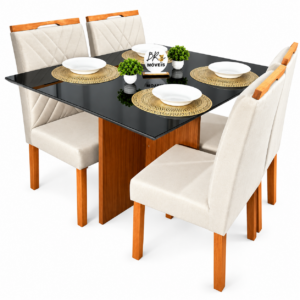 Mesa de Jantar Helo 120cmx80cm com 4 Cadeiras Cristal Grafite Preto Carvalho Decor - Bege