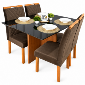 Mesa de Jantar Helo 120cmx80cm com 4 Cadeiras Cristal Grafite Preto Carvalho Decor - Marrom