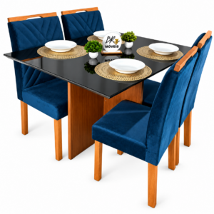 Mesa de Jantar Helo 120cmx80cm com 4 Cadeiras Cristal Grafite Preto Carvalho Decor - Azul