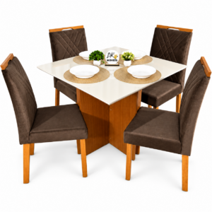 Mesa de Jantar Helo Off White 90x90cm com 4 Cadeiras Cristal Carvalho Decor - Marrom