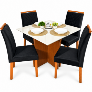 Mesa de Jantar Helo Off White 90x90cm com 4 Cadeiras Cristal Carvalho Decor - Preto