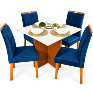 Mesa de Jantar Helo Off White 90x90cm com 4 Cadeiras Cristal Carvalho Decor - Azul