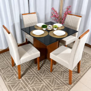 Alternative view of Mesa de Jantar Helo 90x90cm com 4 Cadeiras Cristal Grafite Preto Carvalho Decor - Bege