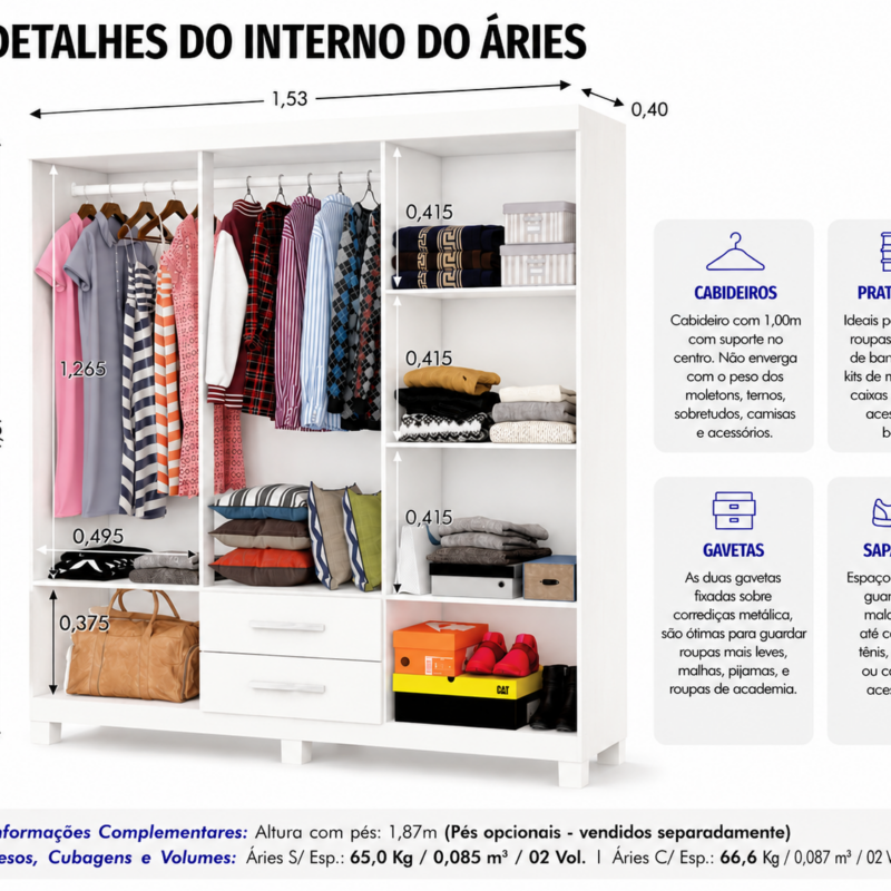 Alternative view of Guarda Roupa Aries com Espelho Carioca - Branco