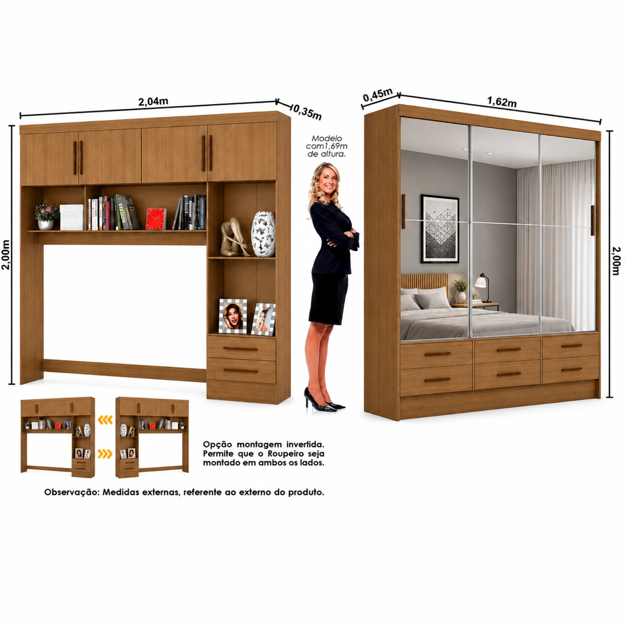 Guarda Roupa Modulado + Sevilha 3 Portas Gold 3 portas de Espelho Carioca - Cinamomo - Imagem 2