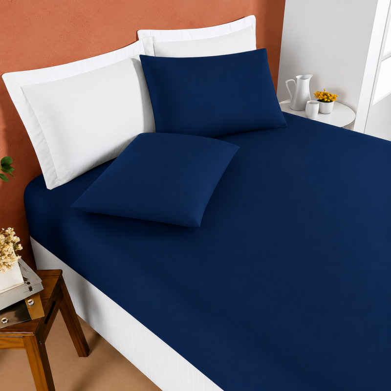 Kit Jogo Lençol Casal Elástico E Fronhas 3pçs 400 Fios Hotel - Azul