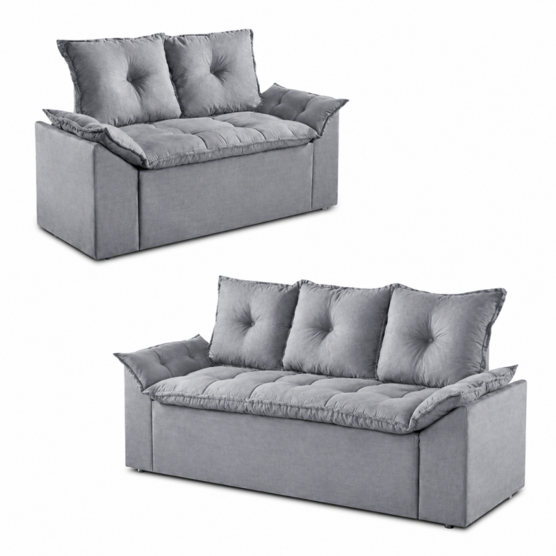 Conjunto de Sofá Veneza 2 e 3 Lugares JM - Suede Cinza