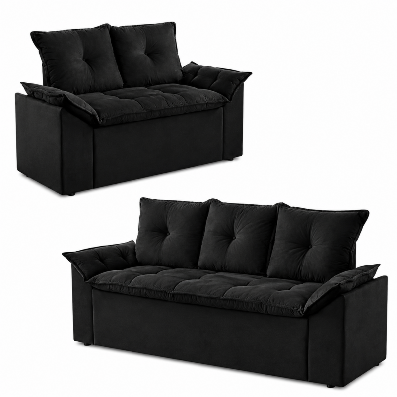 Conjunto de Sofá Veneza 2 e 3 Lugares JM - Suede Preto