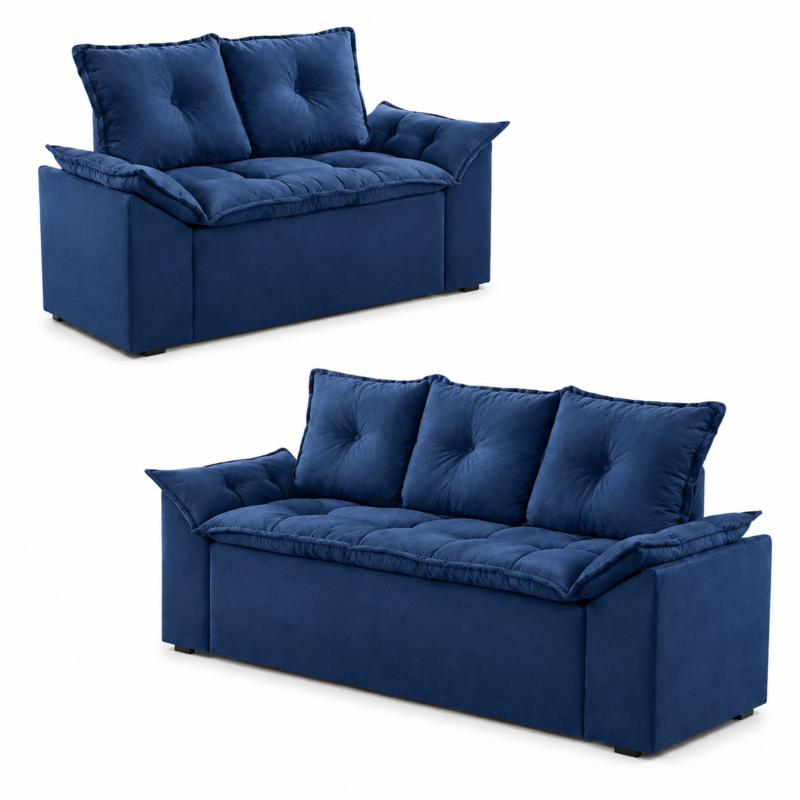 Conjunto de Sofá Veneza 2 e 3 Lugares JM - Suede Azul